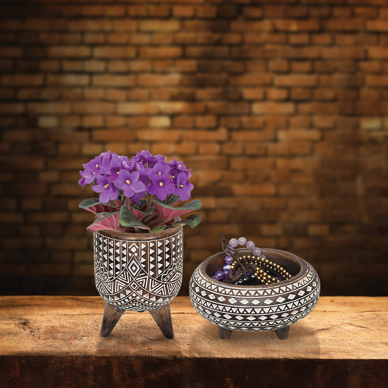 Tribal Design Wooden Plant Pot