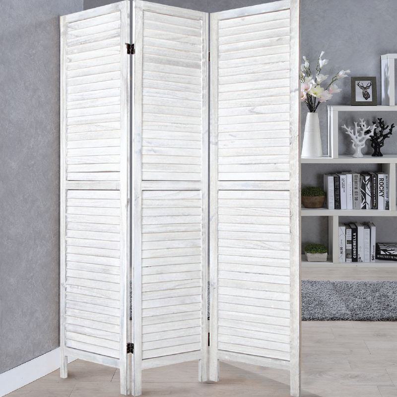 WHITE 3-Panel Solid Wood Privacy Screen