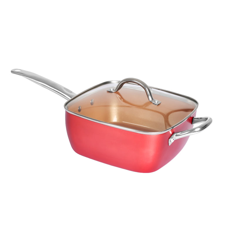 Saucepan Set Frying Pan Non Stick Deep Fry Steamer Lid Stainless Steel Handle Red