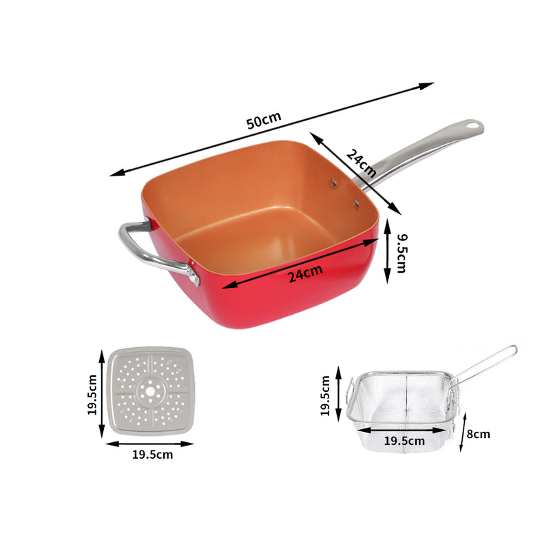 Saucepan Set Frying Pan Non Stick Deep Fry Steamer Lid Stainless Steel Handle Red