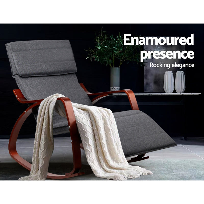 Bentwood Rocking Armchair Wooden Adjustable Footrest Lounge Recliner Charcoal