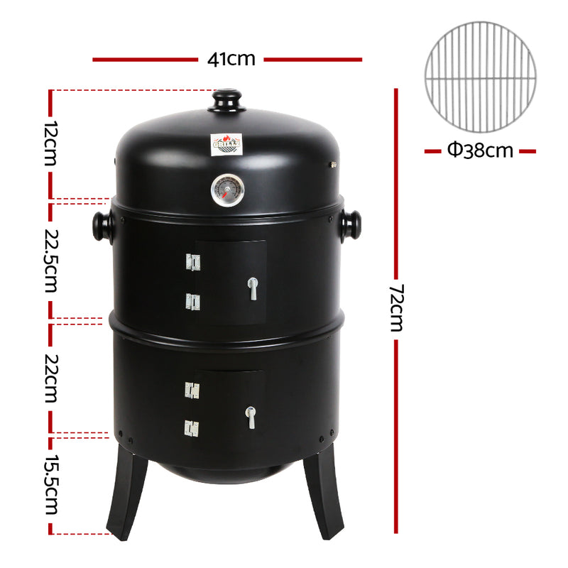 Outdoor BBQ Grill Smoker Portable Charcoal Roaster 3in1 Thermometer