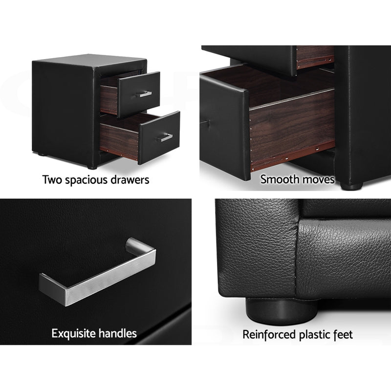 Artiss Upholstered 2 Drawers Bedside Table (Black Leather)
