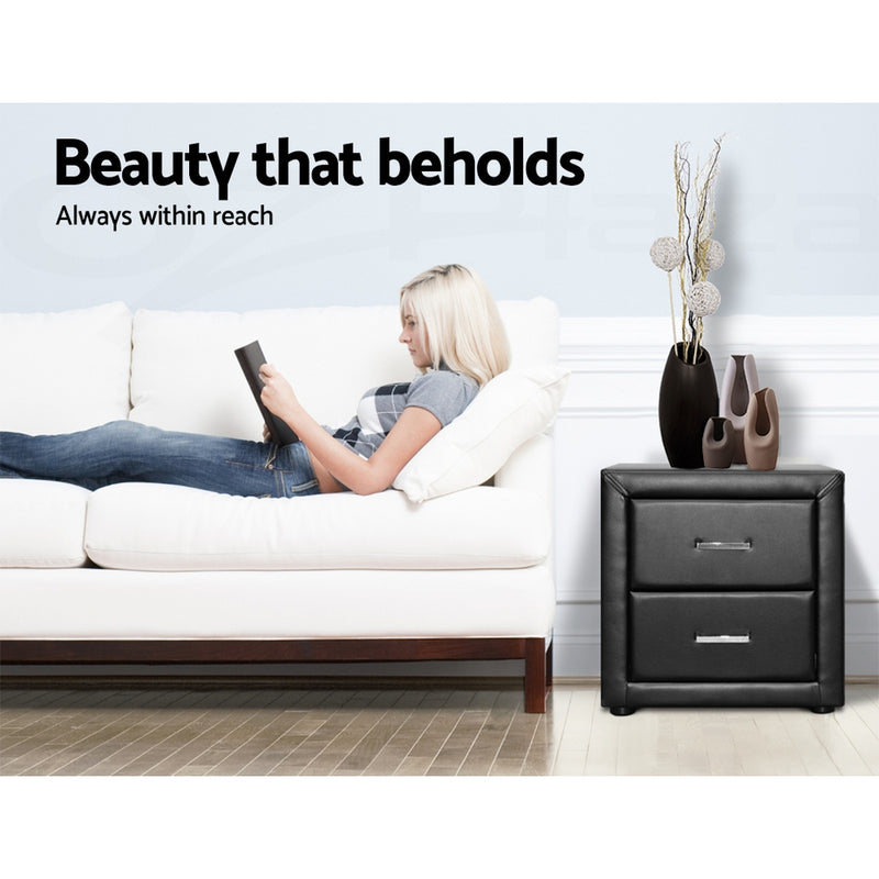 Artiss Upholstered 2 Drawers Bedside Table (Black Leather)
