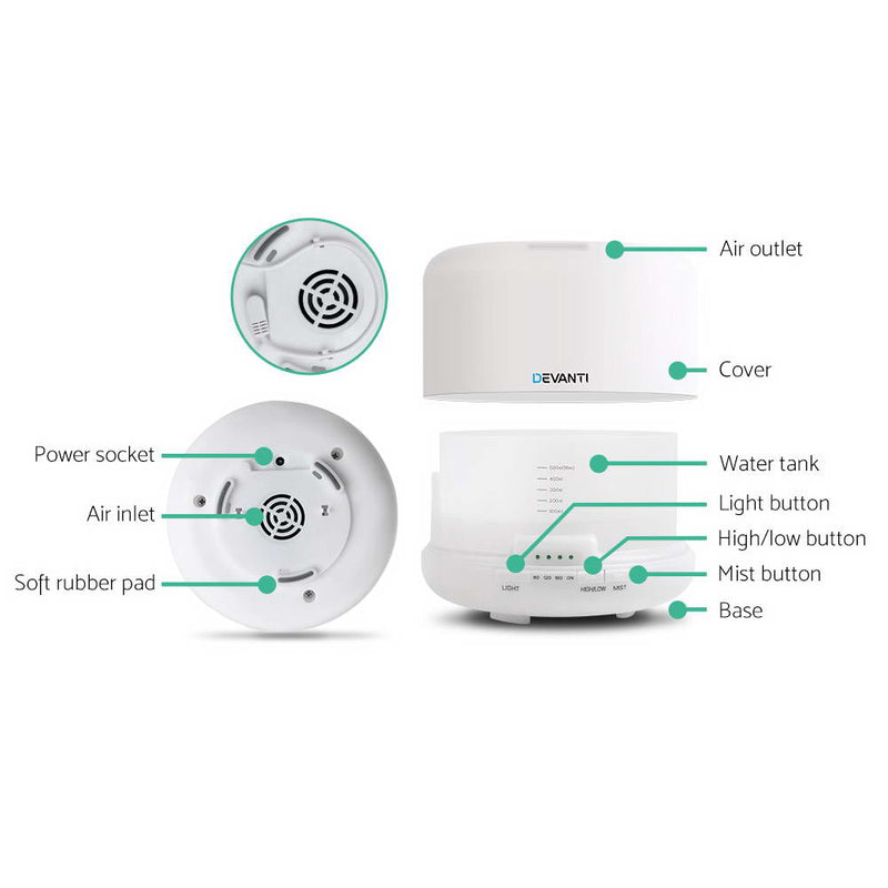 Devanti Aroma Diffuser Aromatherapy Air Humidifier Essential Oil Ultrasonic 500ml LED Light