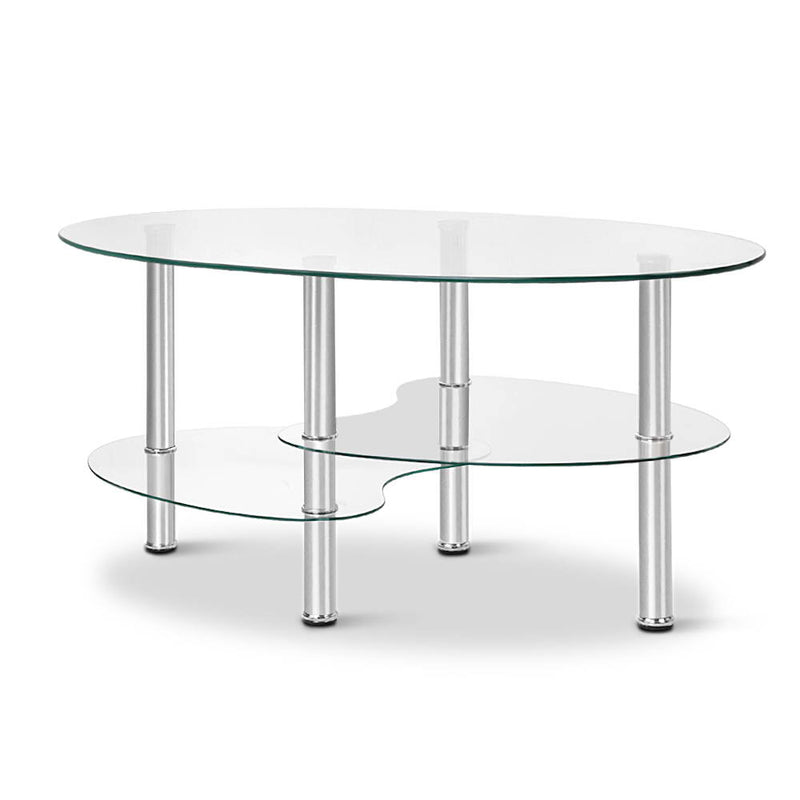 Artiss Coffee Table Oval 3 Tier Storage Display Tempered Glass Stainless Steel