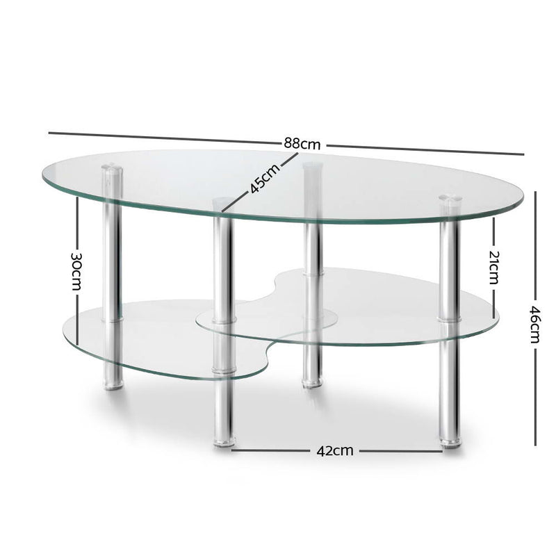 Artiss Coffee Table Oval 3 Tier Storage Display Tempered Glass Stainless Steel