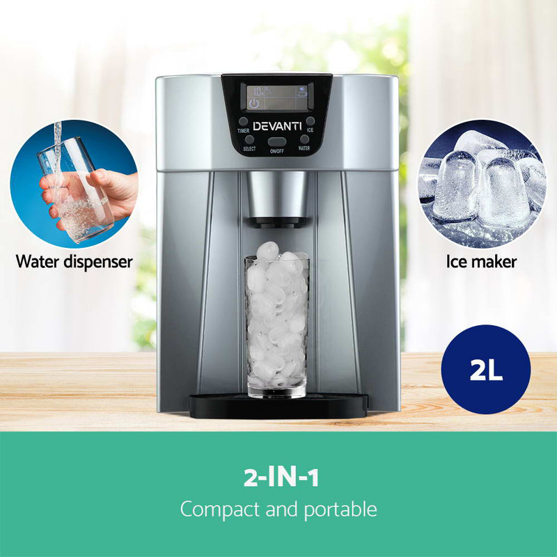 Devanti 2L Portable Ice Maker Water Dipenser Ice Cube Machine - Silver