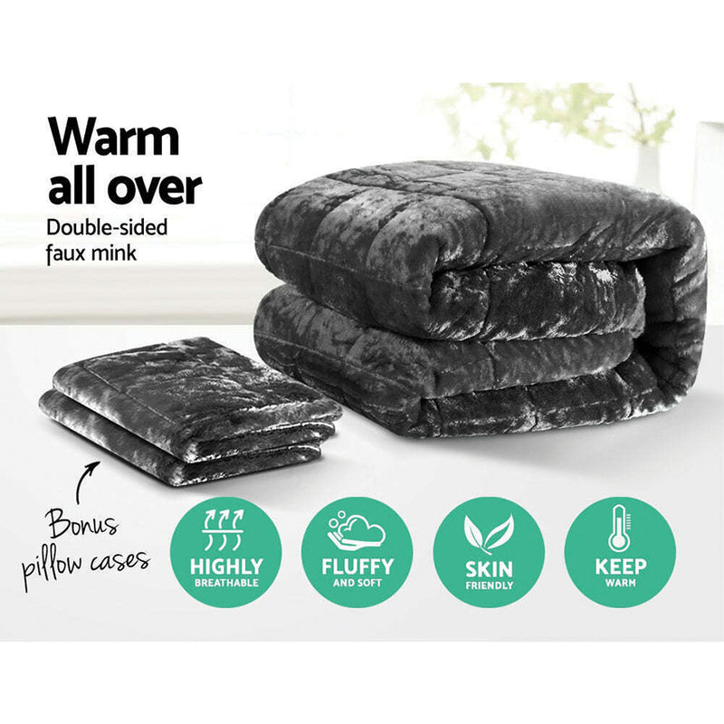 KING SIZE Charcoal Faux Mink Quilt Set