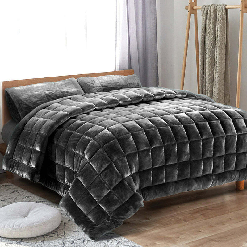 SINGLE Charcoal Faux Mink Quilt Set