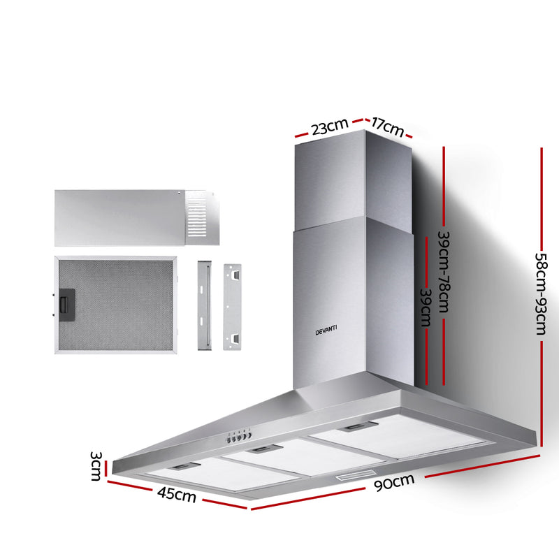 Devanti 900mm 90cm Range Hood Rangehood Kitchen Canopy Silver
