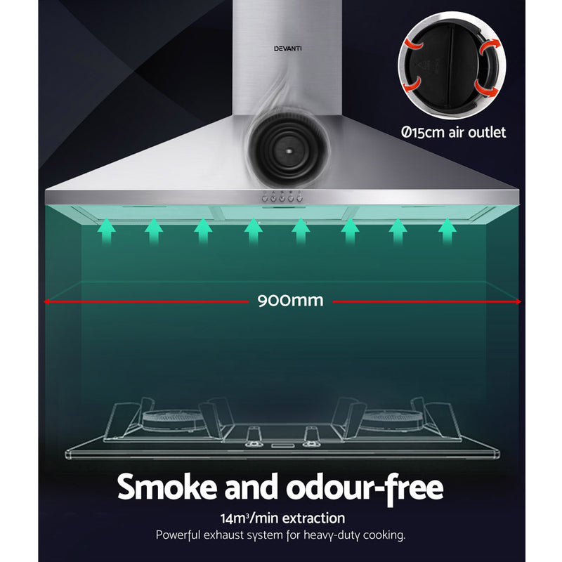 Devanti 900mm 90cm Range Hood Rangehood Kitchen Canopy Silver