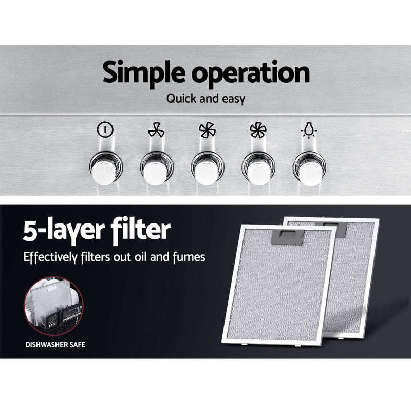 Devanti 900mm 90cm Range Hood Rangehood Kitchen Canopy Silver