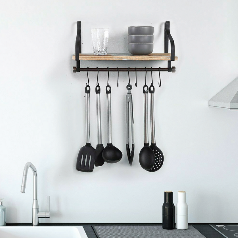 SHELF WITH HOOKS TIMBER AND STEEL SHELVING