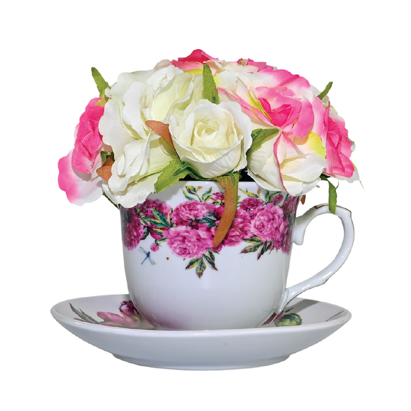 LARGE TEACUP AND SAUCER PLANTER WITH FLOWERS