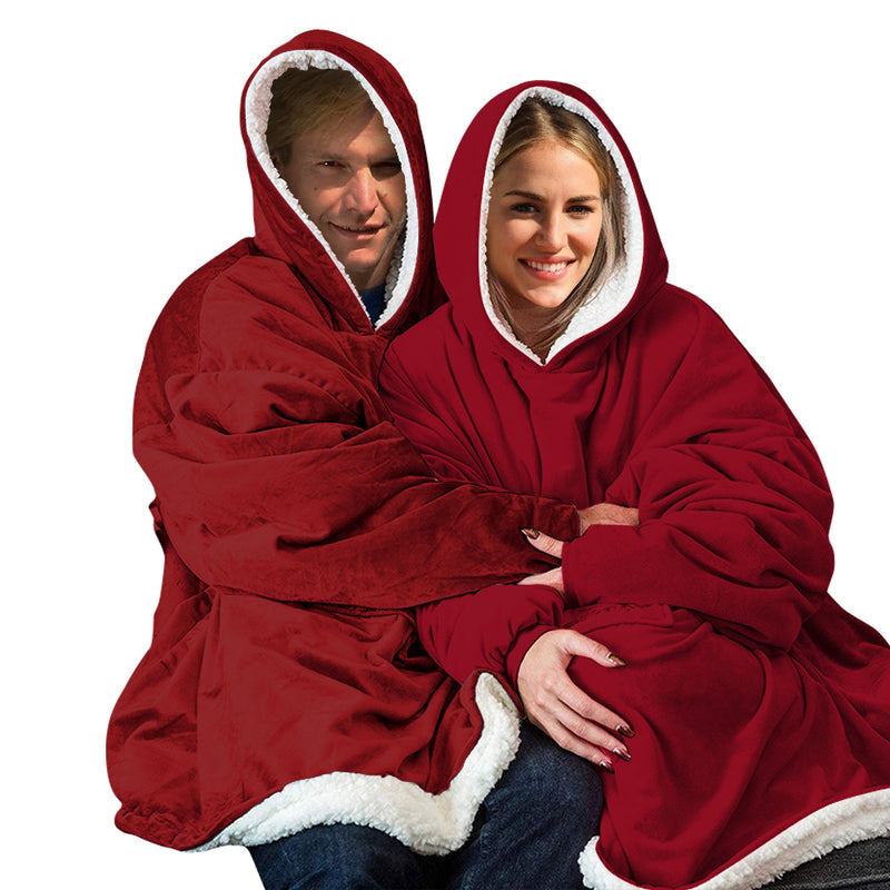 2 Pcs DreamZ Plush Fleece Sherpa Hoodie Sweatshirt Huggle Blanket Pajamas Red