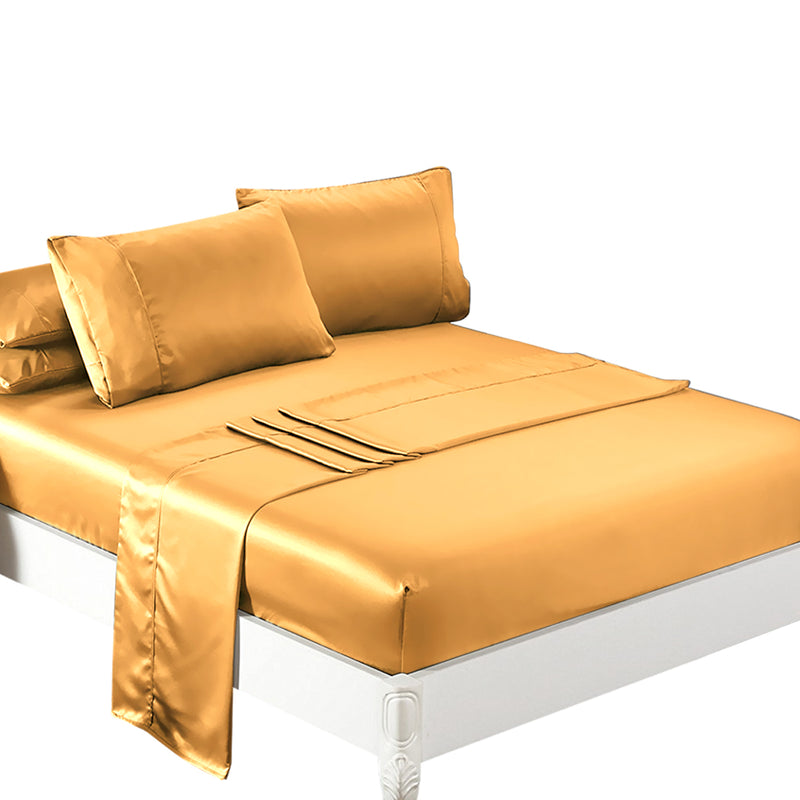 DreamZ Ultra Soft Silky Satin Bed Sheet Set in Double Size in Gold Colour