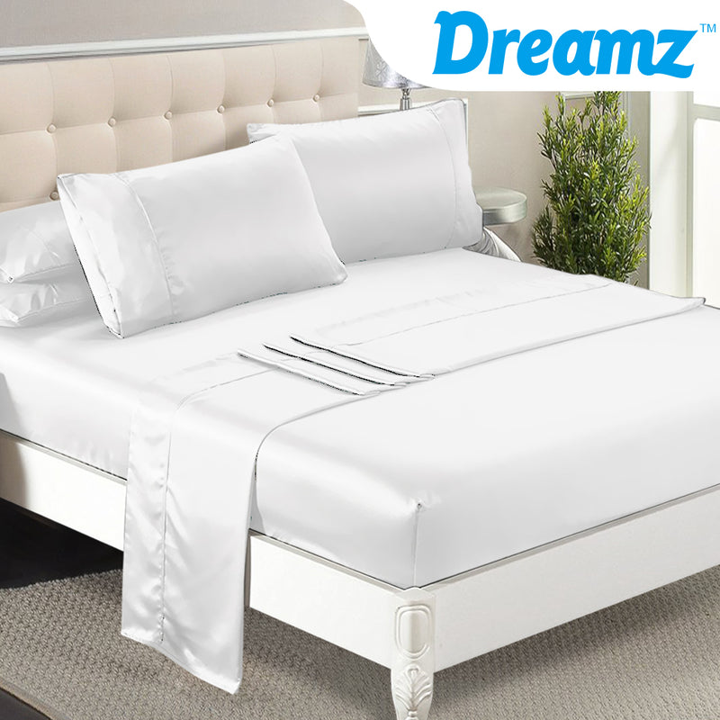 DreamZ Ultra Soft Silky Satin Bed Sheet Set in Queen Size in White Colour