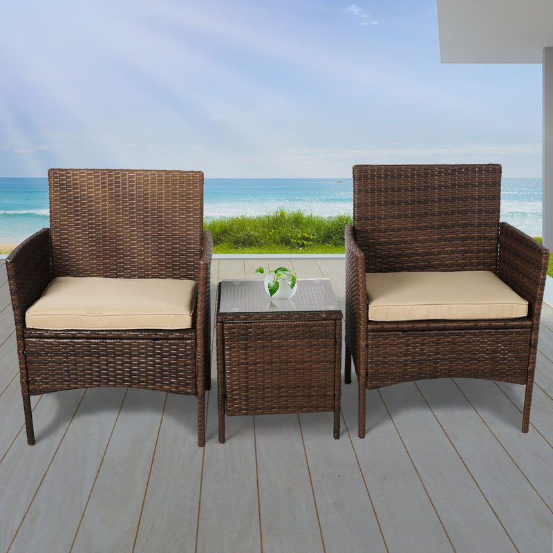 Outdoor Furniture Set Patio Garden 3 Pcs Chair Table Rattan Wicker Cushion Seat Brown