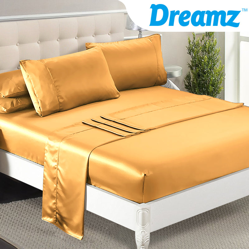 DreamZ Ultra Soft Silky Satin Bed Sheet Set in Double Size in Gold Colour